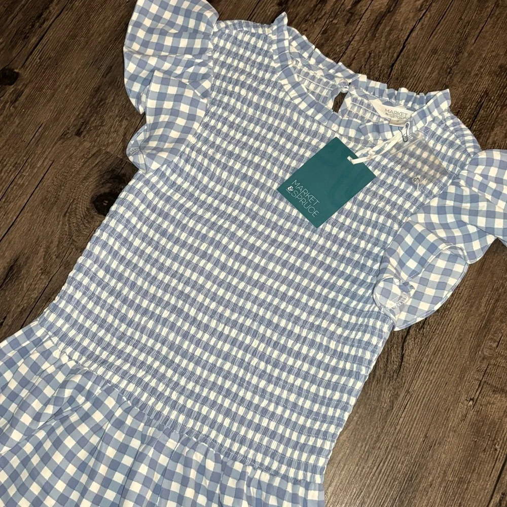 NWT Market & Spruce Light Blue & White Gingham Short Sleeve Smocked Blouse Small - Picture 6 of 12